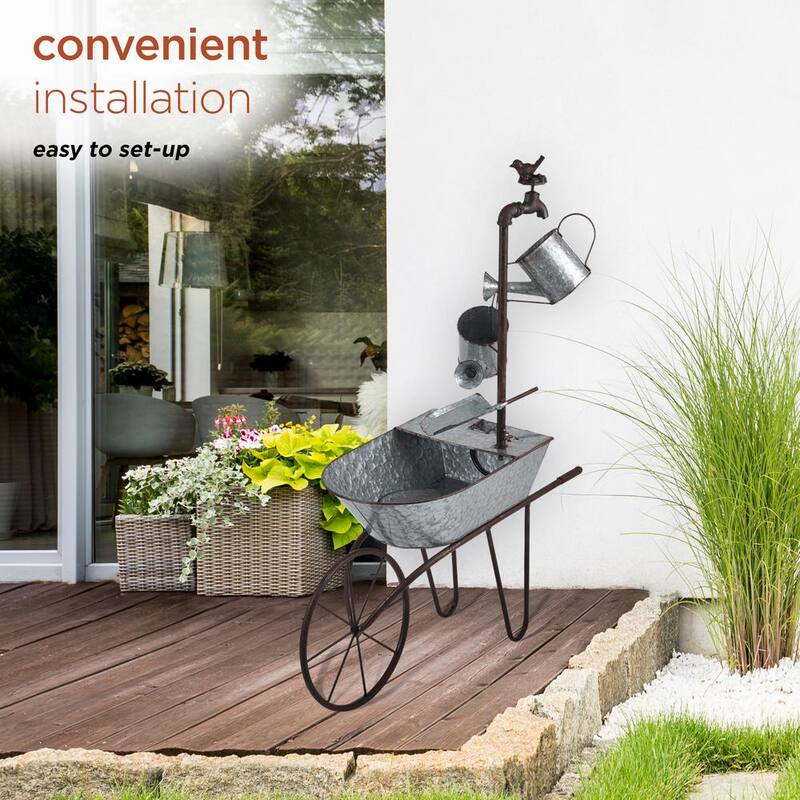 36 in. Tall Rustic Wheelbarrow and Watering Can Fountain Yard Decoration