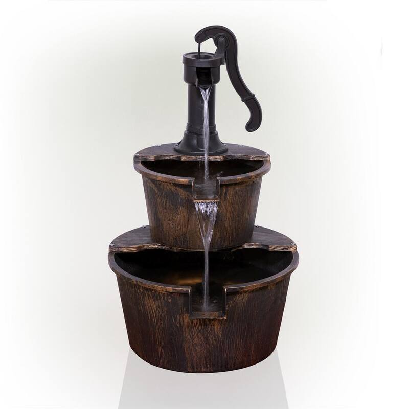 27 in. Tall 2-Tier Barrel and Pump Waterfall Fountain, Bronze Finish