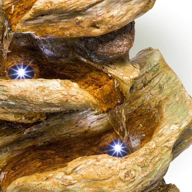 24 in. Tall Outdoor 4-Tier Tree Trunk Log Rainforest Waterfall Floor Fountain with LED Lights