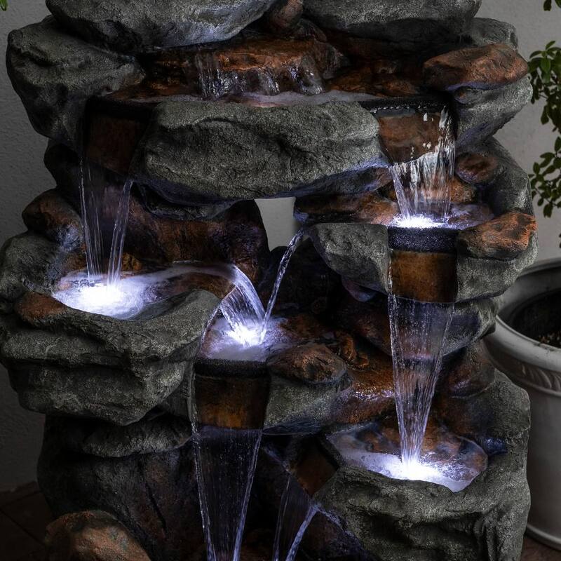54 in. Tall Indoor/Outdoor 5-Tier Waterfall Rock Fountain with LED Lights