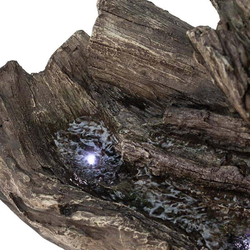 24 in. Tall Outdoor 2-Tier Fallen Tree Trunk Water Fountain with LED Lights