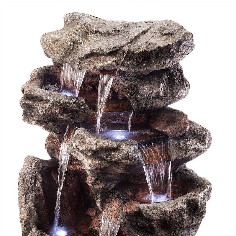 52 in. Tall Outdoor 5-Tier Rainforest Rock Water Fountain with LED Lights