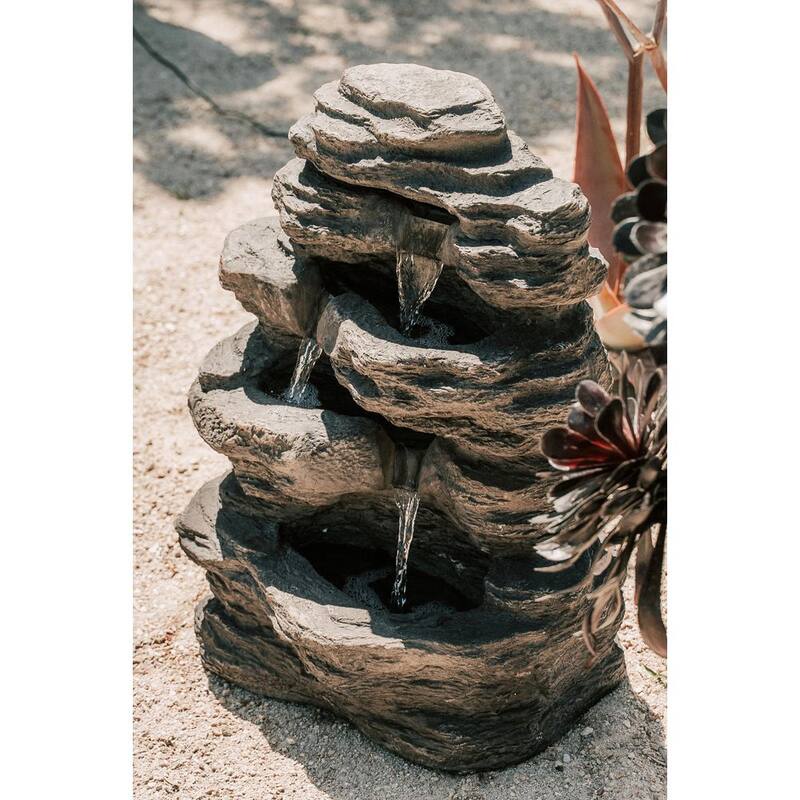 23.6 in. H Polystone/Stone Powder Classic Stacked Rock Waterfall Fountain, LED lights and Pump, Multilevel Water Feature