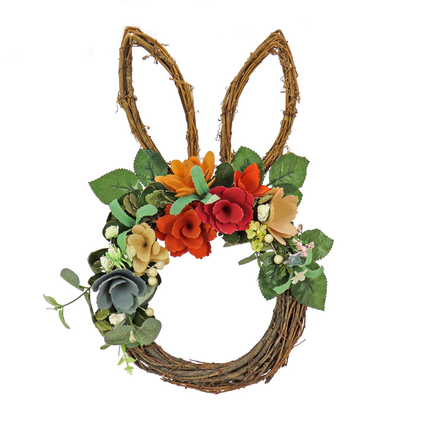 Artificial Bunny Shaped Hanging Wreath, Woven Branch Base, Decorated with Colorful Flower Blooms, Berry Clusters, Leafy Greens, Easter Collection, 17 Inches