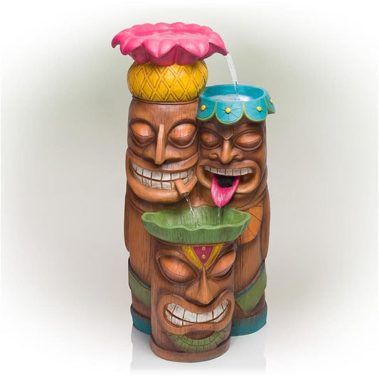 35 in. Tall Outdoor 3-Tier Tiki Head Waterfall Fountain Yard Art Decor, Multicolor