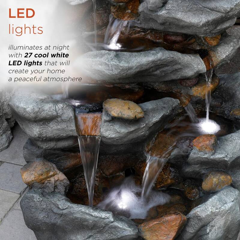 50 in. Tall Outdoor 8-Tier Rock Waterfall Fountain with LED Lights, Grey