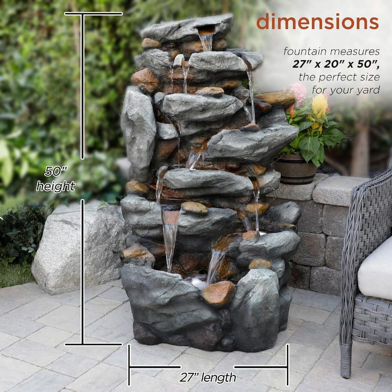 50 in. Tall Outdoor 8-Tier Rock Waterfall Fountain with LED Lights, Grey