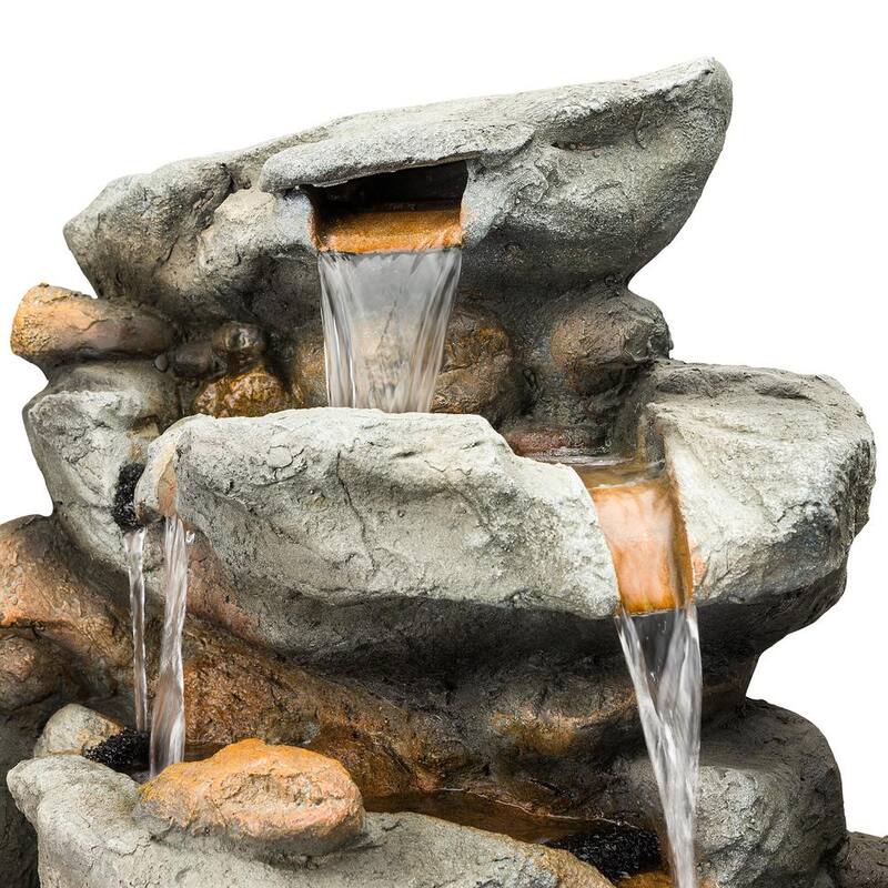 50 in. Tall Outdoor 8-Tier Rock Waterfall Fountain with LED Lights, Grey