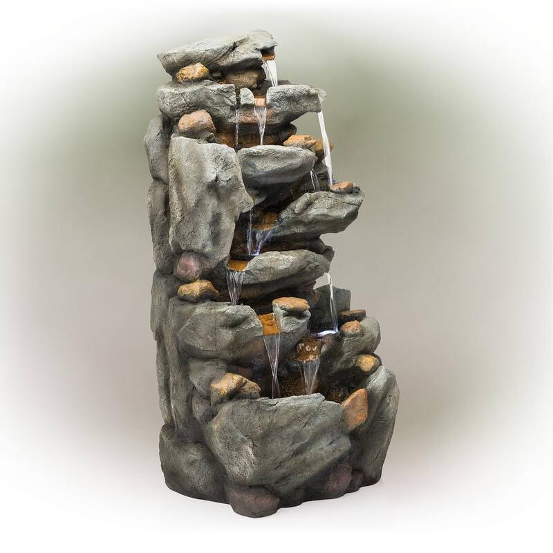 50 in. Tall Outdoor 8-Tier Rock Waterfall Fountain with LED Lights, Grey