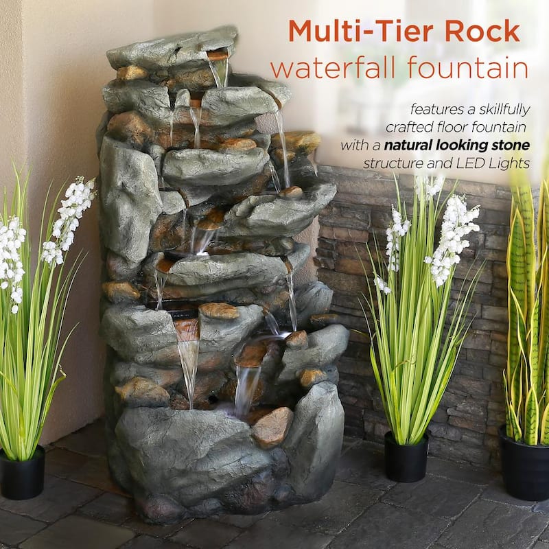 50 in. Tall Outdoor 8-Tier Rock Waterfall Fountain with LED Lights, Grey