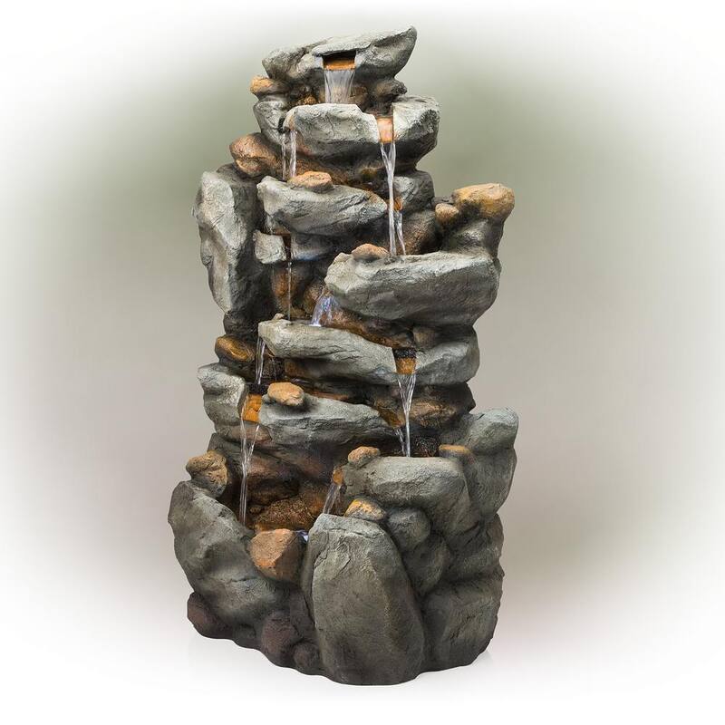 50 in. Tall Outdoor 8-Tier Rock Waterfall Fountain with LED Lights, Grey