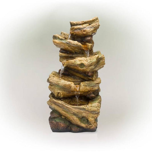 24 in. Tall Outdoor 4-Tier Tree Trunk Log Rainforest Waterfall Floor Fountain with LED Lights