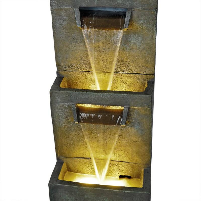 40 in. 2-Tier Modern Polystone Floor Waterfall Fountain with Warm White LED Lights, Gray