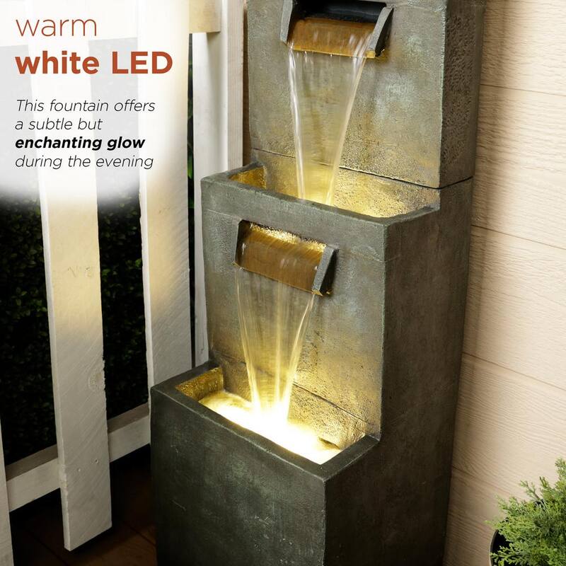 40 in. 2-Tier Modern Polystone Floor Waterfall Fountain with Warm White LED Lights, Gray