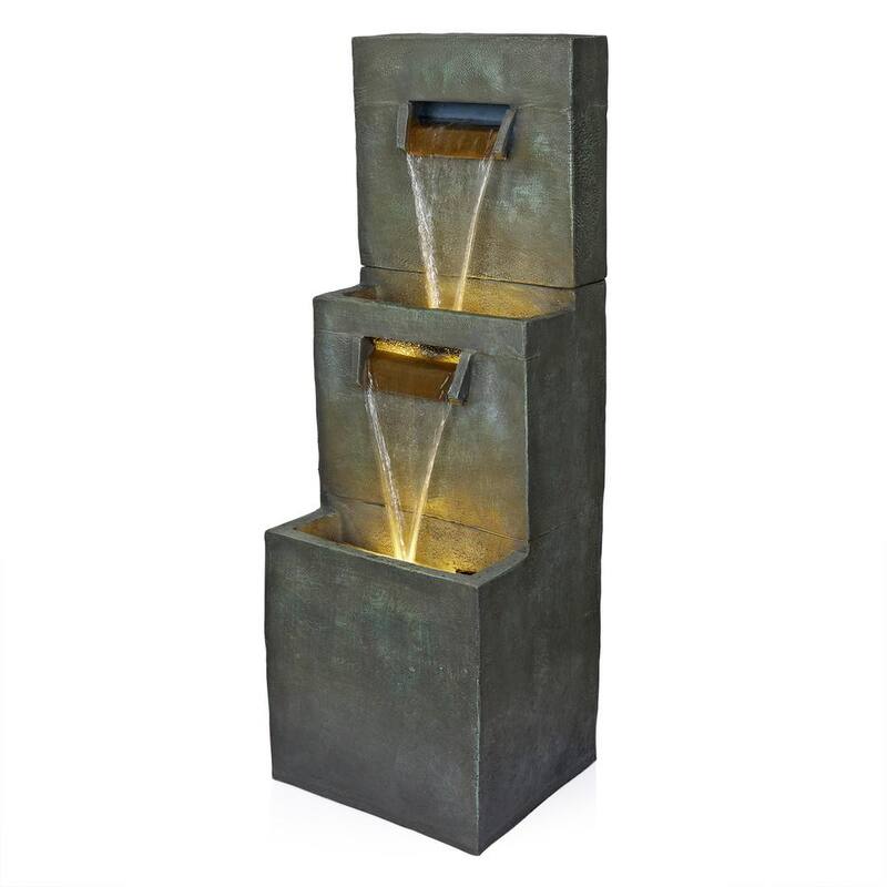 40 in. 2-Tier Modern Polystone Floor Waterfall Fountain with Warm White LED Lights, Gray