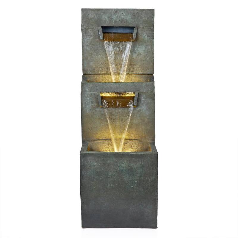 40 in. 2-Tier Modern Polystone Floor Waterfall Fountain with Warm White LED Lights, Gray