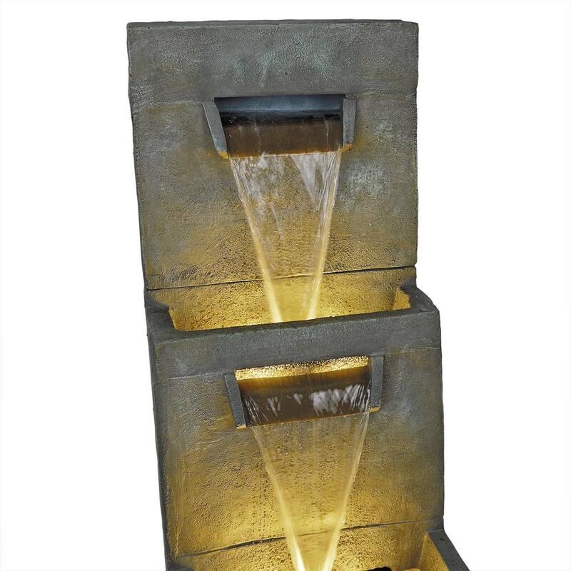 40 in. 2-Tier Modern Polystone Floor Waterfall Fountain with Warm White LED Lights, Gray