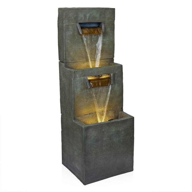 40 in. 2-Tier Modern Polystone Floor Waterfall Fountain with Warm White LED Lights, Gray