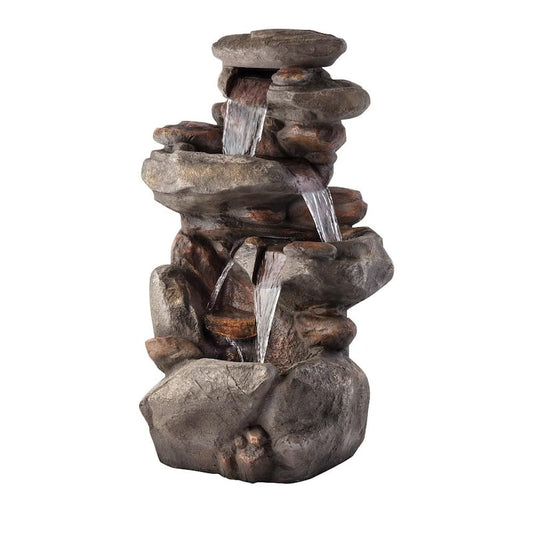 40 in. Tall Outdoor 4-Tier Rock Water Fountain with LED Lights