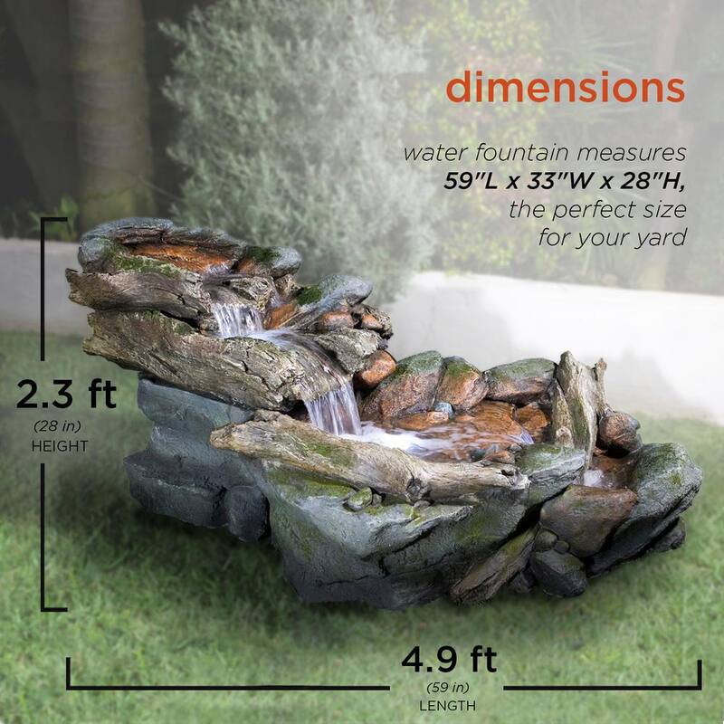 60 in. Long Outdoor 3-Tier Rainforest Rock River Water Fountain with LED Lights