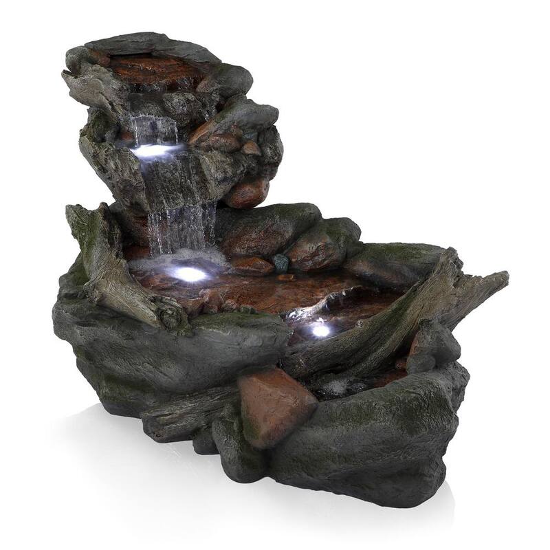 60 in. Long Outdoor 3-Tier Rainforest Rock River Water Fountain with LED Lights