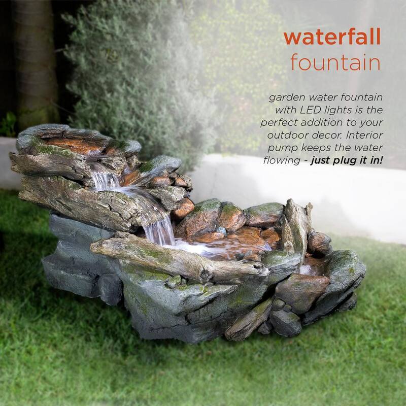 60 in. Long Outdoor 3-Tier Rainforest Rock River Water Fountain with LED Lights