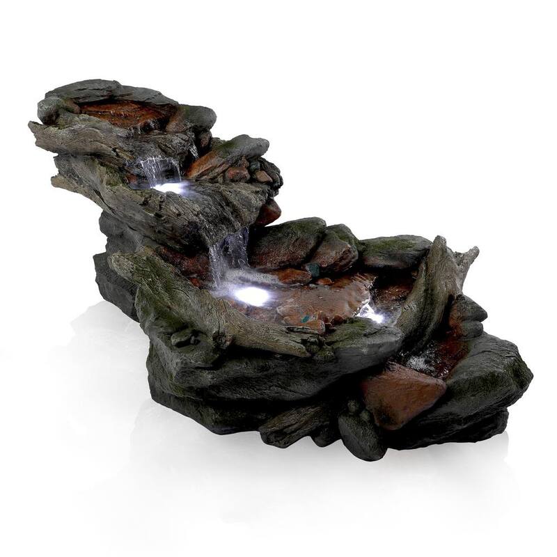 60 in. Long Outdoor 3-Tier Rainforest Rock River Water Fountain with LED Lights