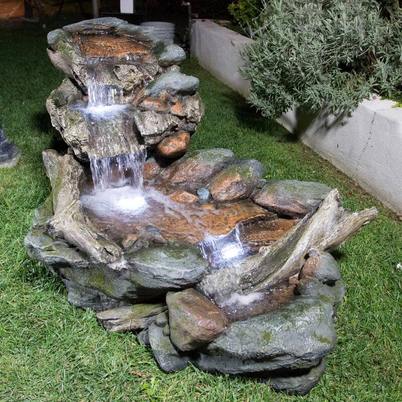 60 in. Long Outdoor 3-Tier Rainforest Rock River Water Fountain with LED Lights