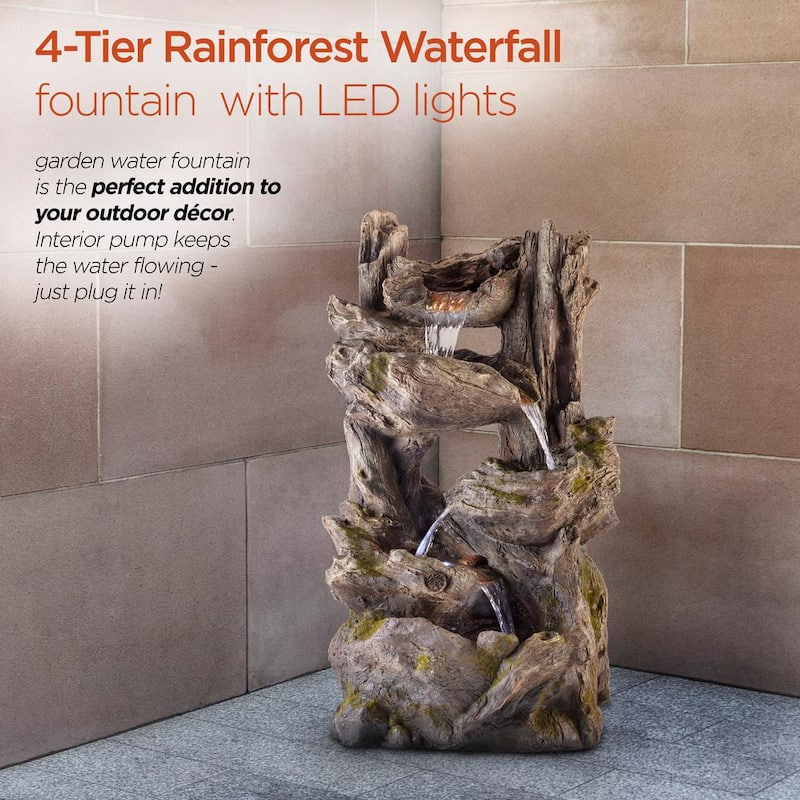 39 in. Tall Outdoor 4-Tier Rainforest Waterfall Fountain with LED Lights