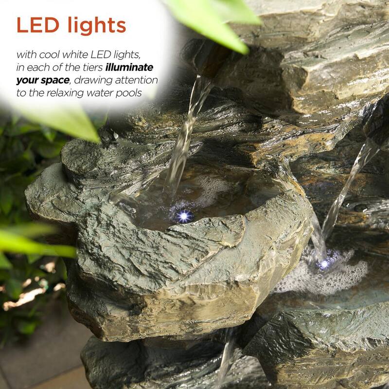 39 in. Tall Outdoor Multi-Tier Rock Water Fountain with LED Lights