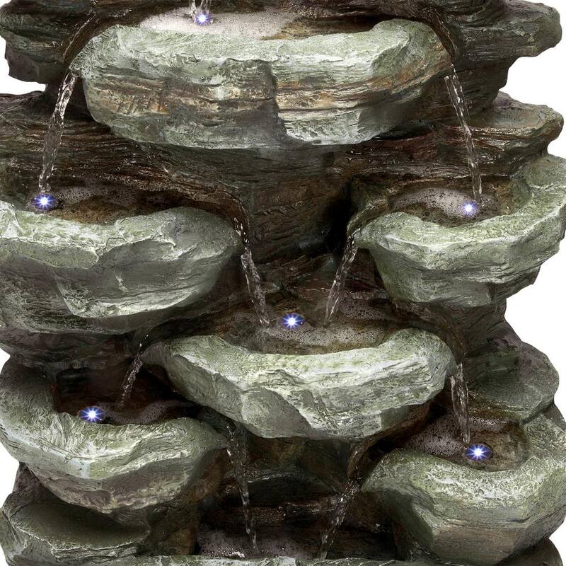 39 in. Tall Outdoor Multi-Tier Rock Water Fountain with LED Lights