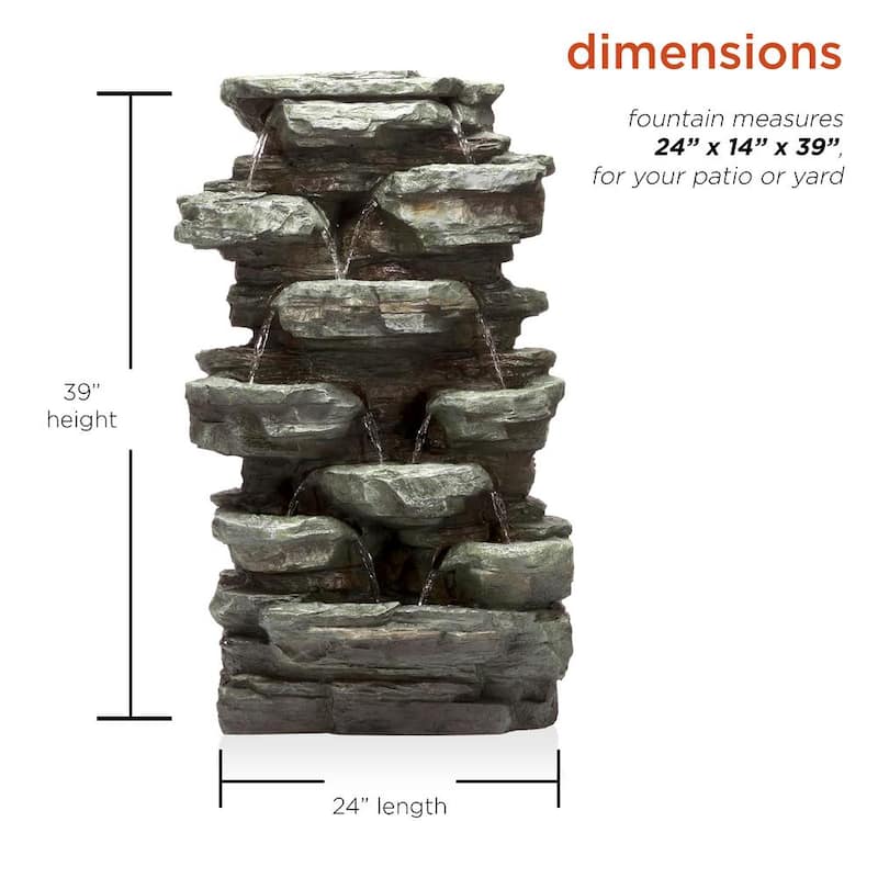 39 in. Tall Outdoor Multi-Tier Rock Water Fountain with LED Lights