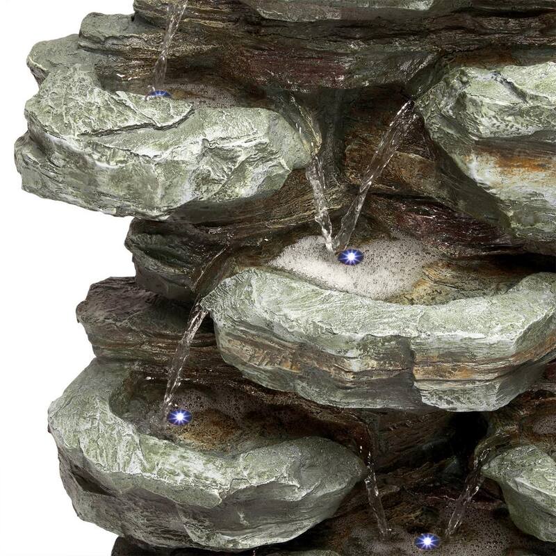 39 in. Tall Outdoor Multi-Tier Rock Water Fountain with LED Lights