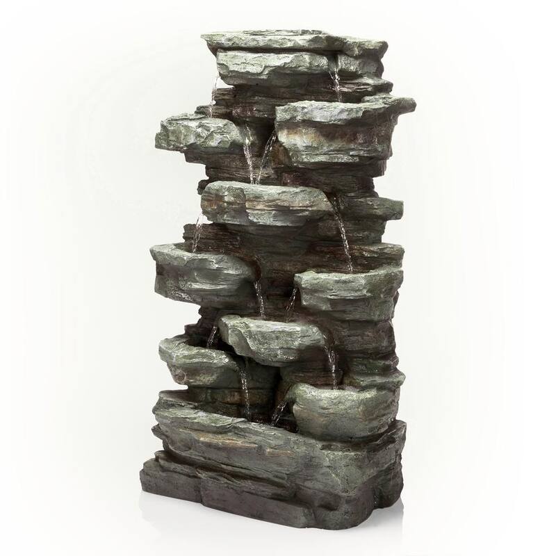 39 in. Tall Outdoor Multi-Tier Rock Water Fountain with LED Lights