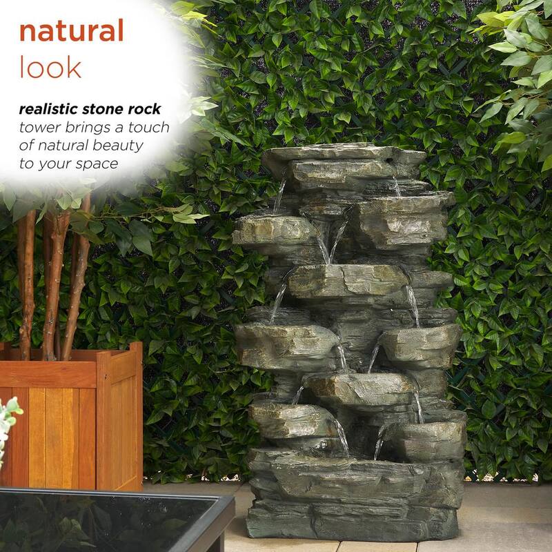 39 in. Tall Outdoor Multi-Tier Rock Water Fountain with LED Lights