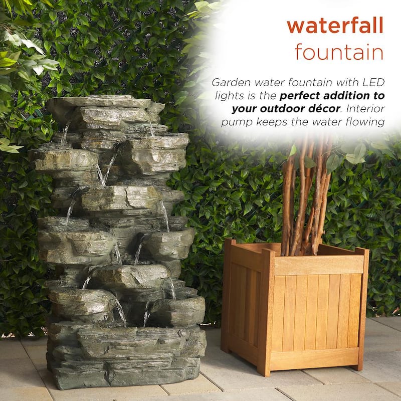 39 in. Tall Outdoor Multi-Tier Rock Water Fountain with LED Lights