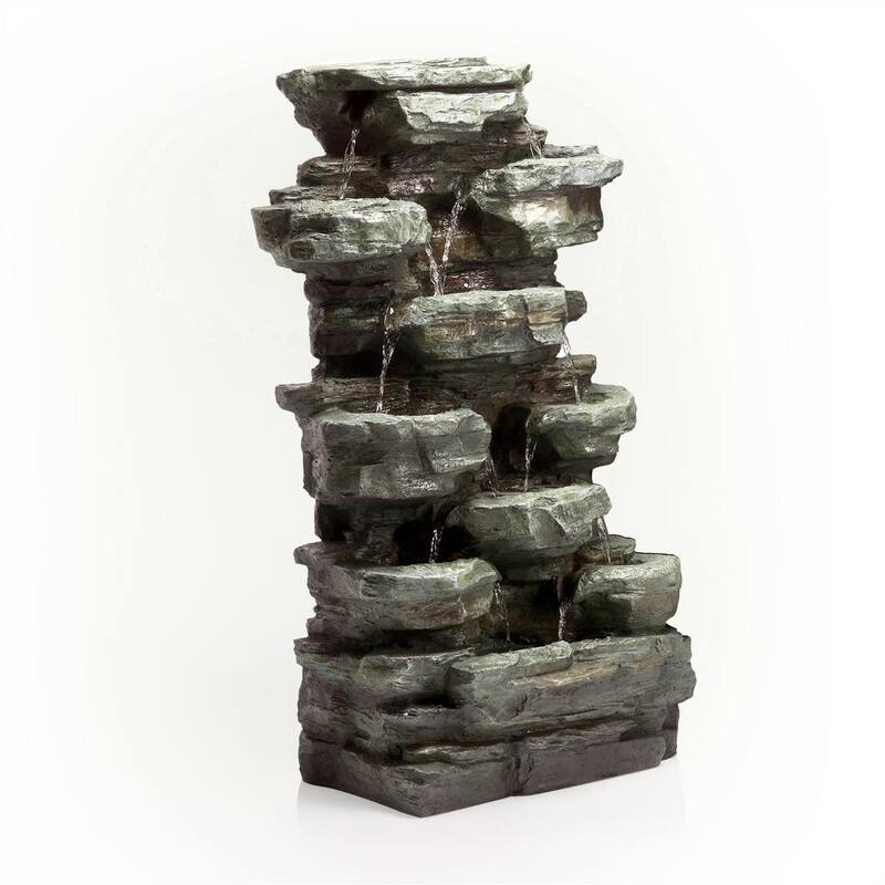 39 in. Tall Outdoor Multi-Tier Rock Water Fountain with LED Lights