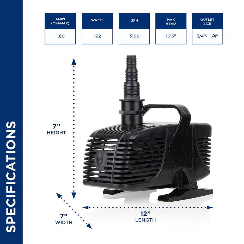 Tornado Pump 3100 GPH with 33 ft. Cord for Ponds, Fountains, and Waterfalls