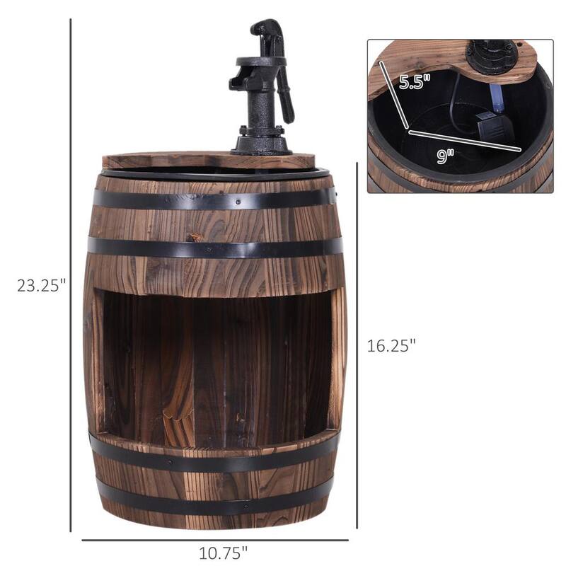 Unique Outdoor Water Fountain Brown Wood and Metal Waterfall, Rustic Apple Barrel Pump Garden Decor for Outside Backyard