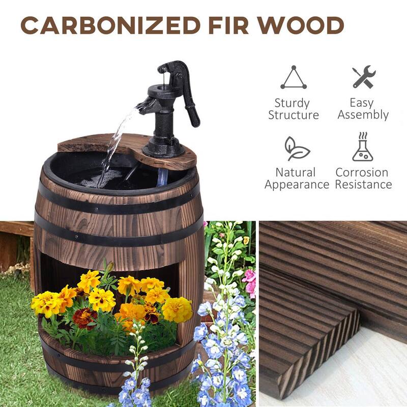 Unique Outdoor Water Fountain Brown Wood and Metal Waterfall, Rustic Apple Barrel Pump Garden Decor for Outside Backyard