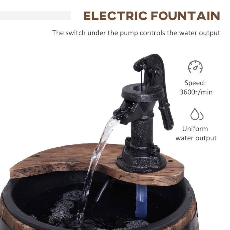 Unique Outdoor Water Fountain Brown Wood and Metal Waterfall, Rustic Apple Barrel Pump Garden Decor for Outside Backyard