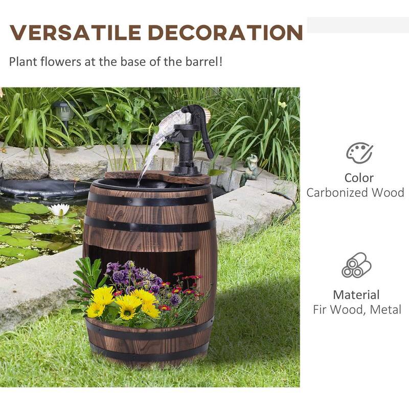 Unique Outdoor Water Fountain Brown Wood and Metal Waterfall, Rustic Apple Barrel Pump Garden Decor for Outside Backyard