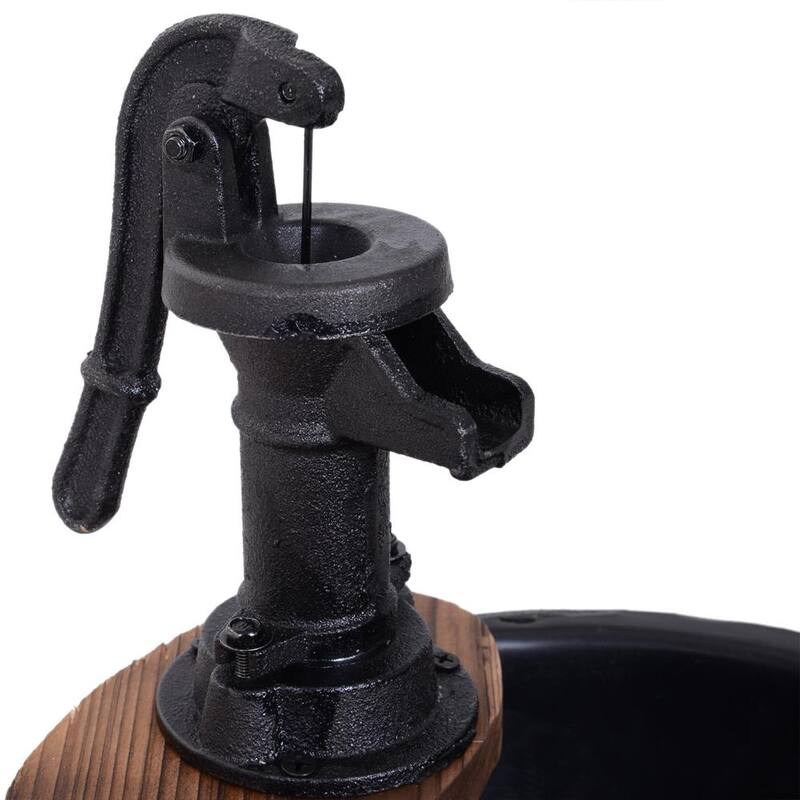 Unique Outdoor Water Fountain Brown Wood and Metal Waterfall, Rustic Apple Barrel Pump Garden Decor for Outside Backyard