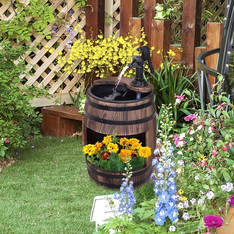 Unique Outdoor Water Fountain Brown Wood and Metal Waterfall, Rustic Apple Barrel Pump Garden Decor for Outside Backyard