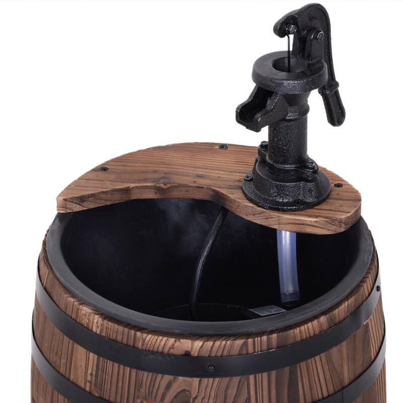 Unique Outdoor Water Fountain Brown Wood and Metal Waterfall, Rustic Apple Barrel Pump Garden Decor for Outside Backyard