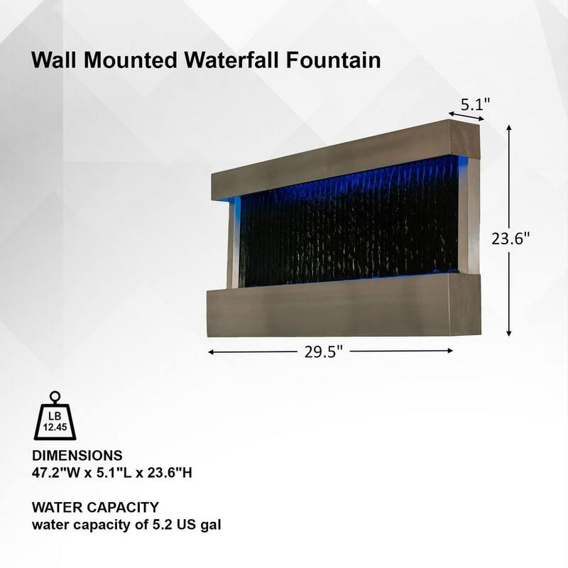 47 in. Indoor Wall-Mounted Mirror Waterfall Fountain with Pump, LED Lights, and Rocks for Home Decoration