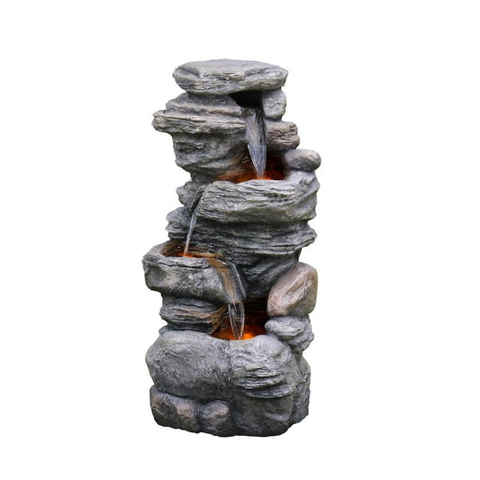 40 in. OutdoorFaux Stacked Stone 4-Tier Rock Water Fountain with LED Light and Pump