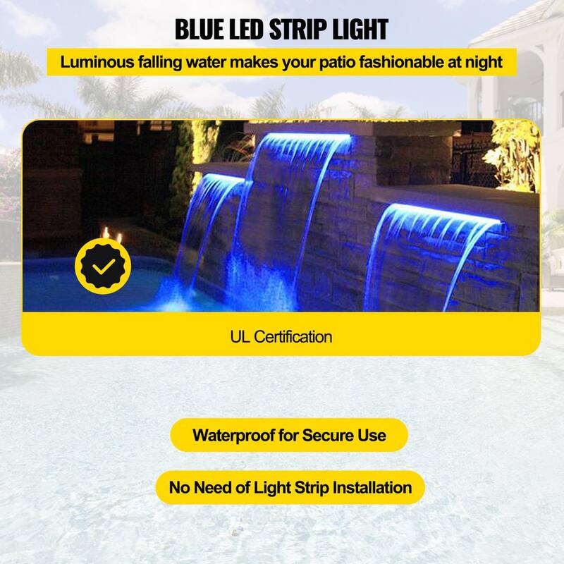 Swimming Pool Waterfall 11.8 x 3.2 x 8.1 in. Pool Fountain with Blue Strip LED Light Pool Waterfalls for Inground Pools