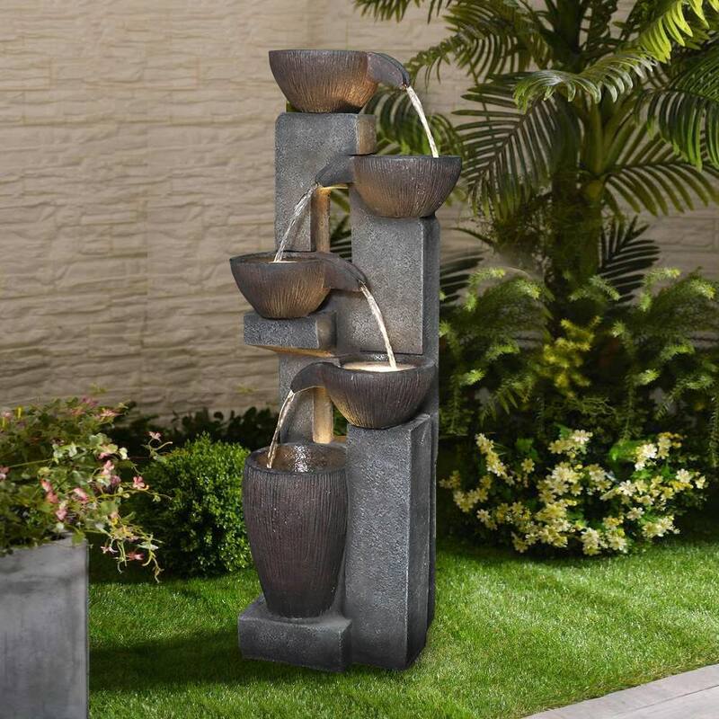 5-Tiers Outdoor Water Fountains with LED Lights, 39 in. Floor Standing Waterfall Fountains for Garden, Patio, Porch