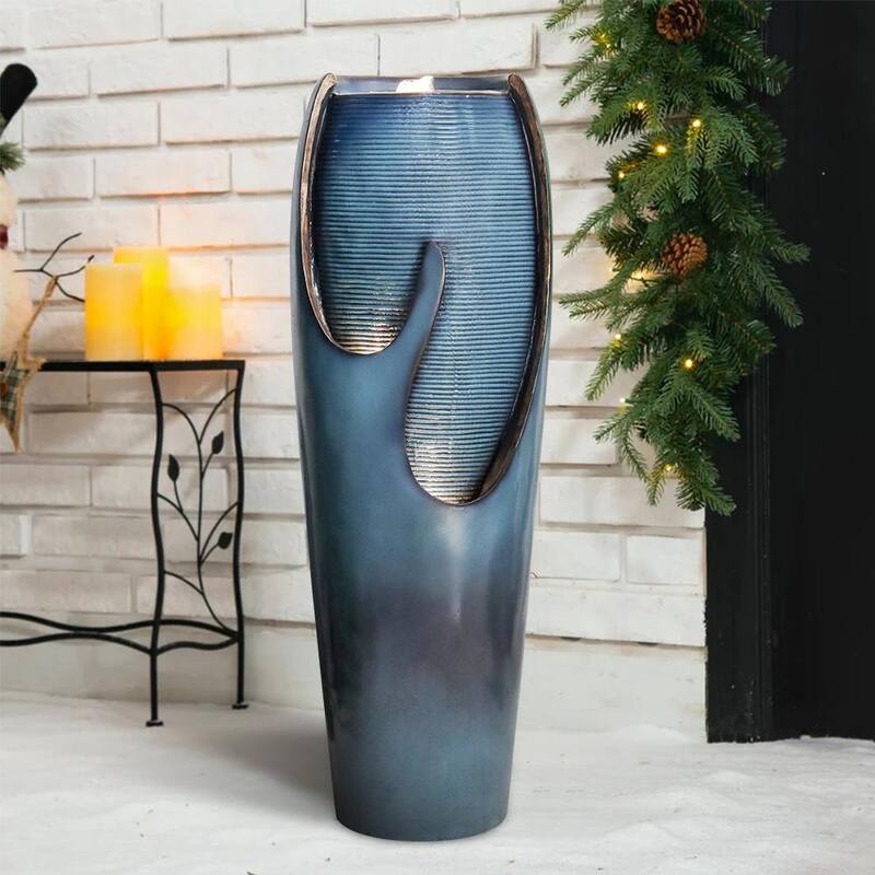 38.7in. Resin Outdoor Fountain and Waterfall -Indoor Water Jar Fountain Tall Floor with LED LightandPump for House Decor